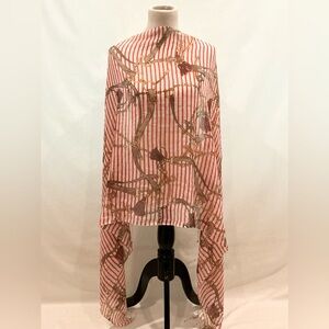 Red striped light weight scarf with equestrian like belt design.